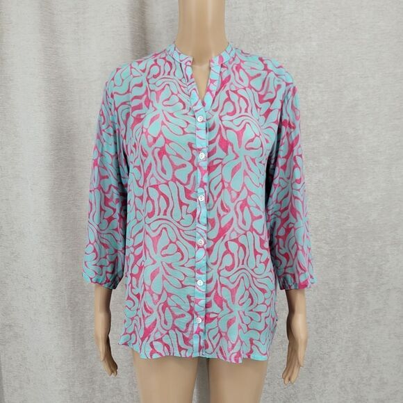 APNY Pink Blue Cupro Viscose Printed Top Button Down Blouse Women's Large - Picture 1 of 11